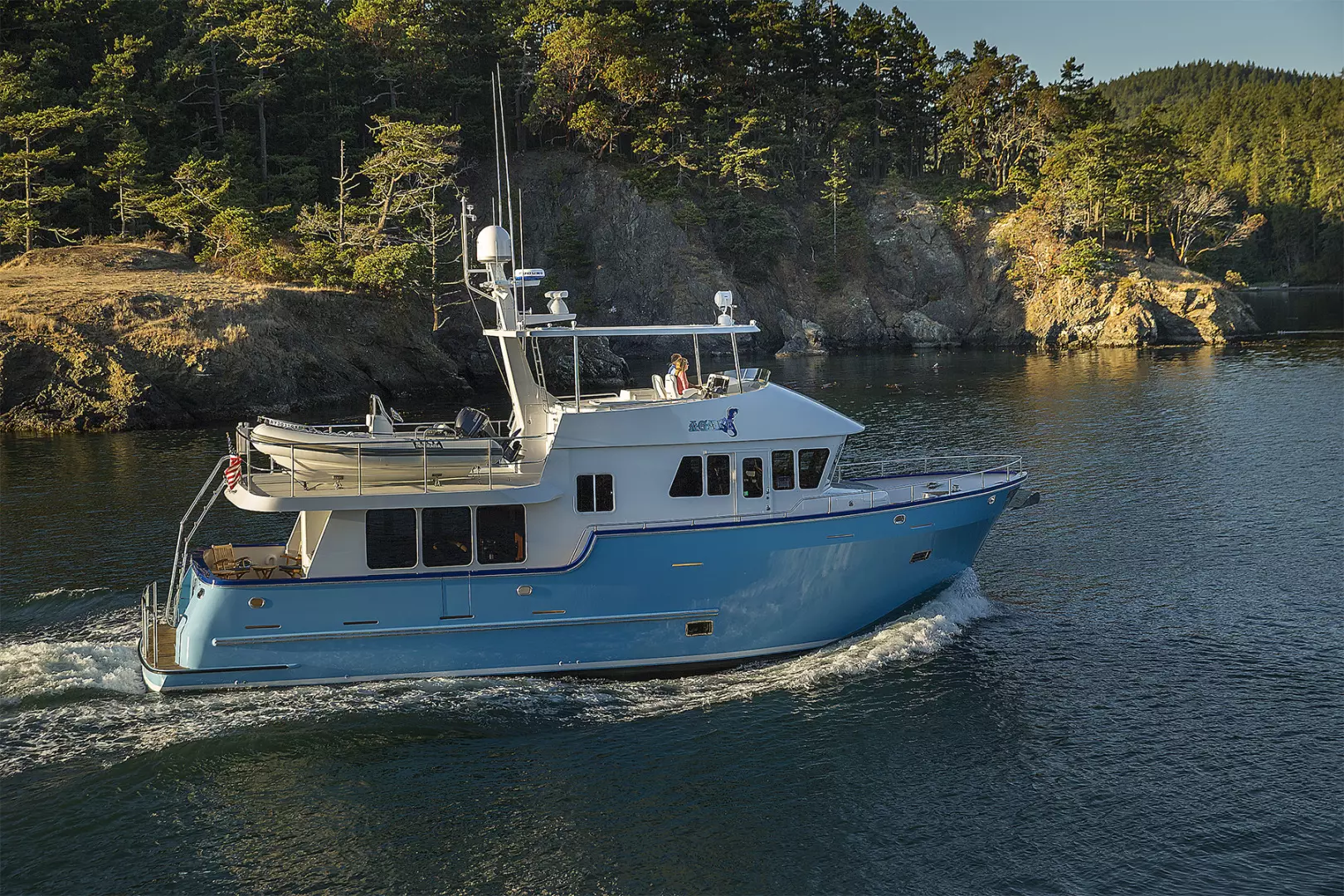 Northern Marine yacht bow cutting through Pacific Northwest waves