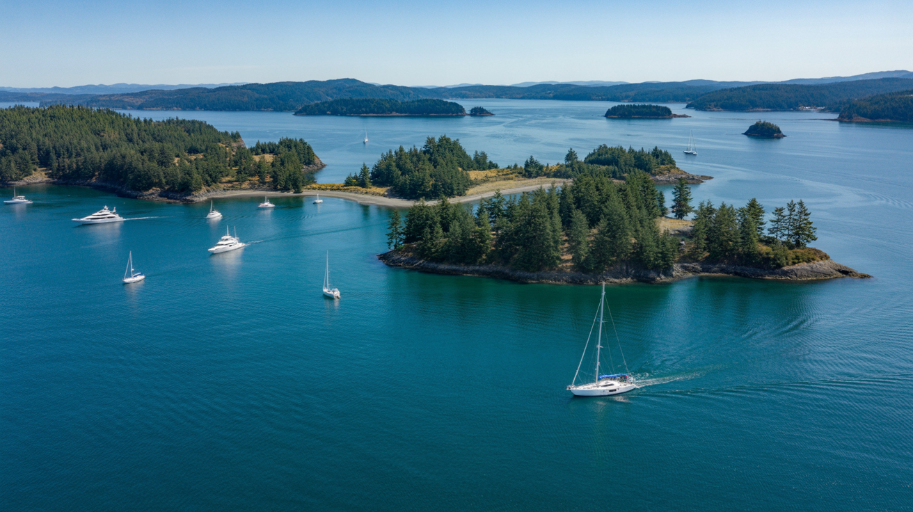 Aerial view of the San Juan Islands with lush green islands and deep blue Pacific Northwest waters